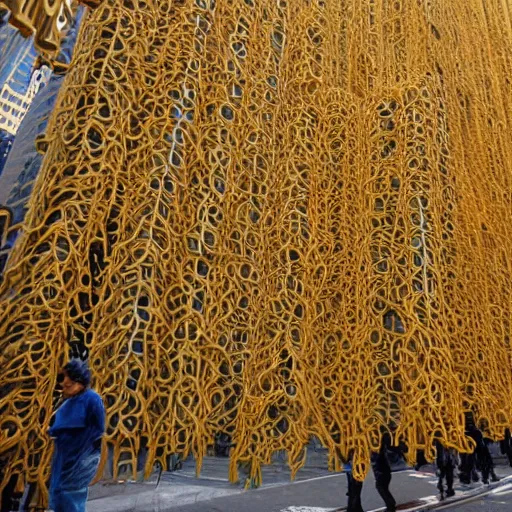 Image similar to New York City with the buildings made of macaroni noodles. Pasta sauce raining from the sky