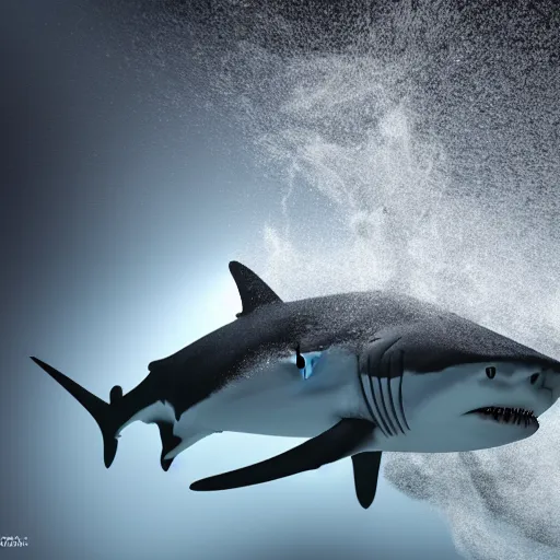 Image similar to shark swimming through smoke particles. dramatic lighting, hyperrealism, subsurface scattering,