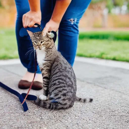 Prompt: a cat standing up on back legs, with a human on a leash as a pet