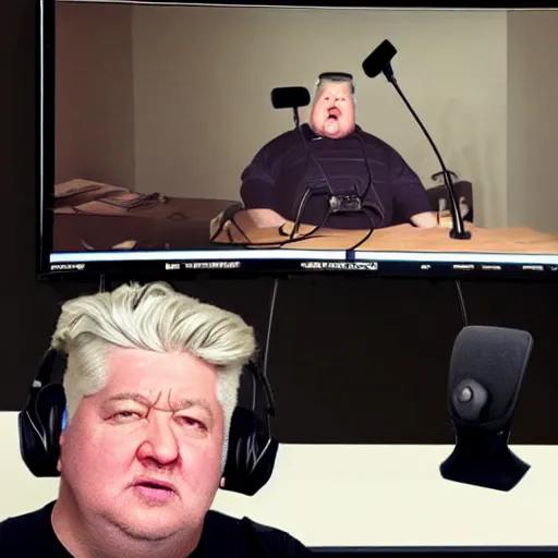 Image similar to obese David Lynch wearing a headset yelling at his monitor while playing WoW highly detailed wide angle lens 10:9 aspect ration award winning photography erasure head