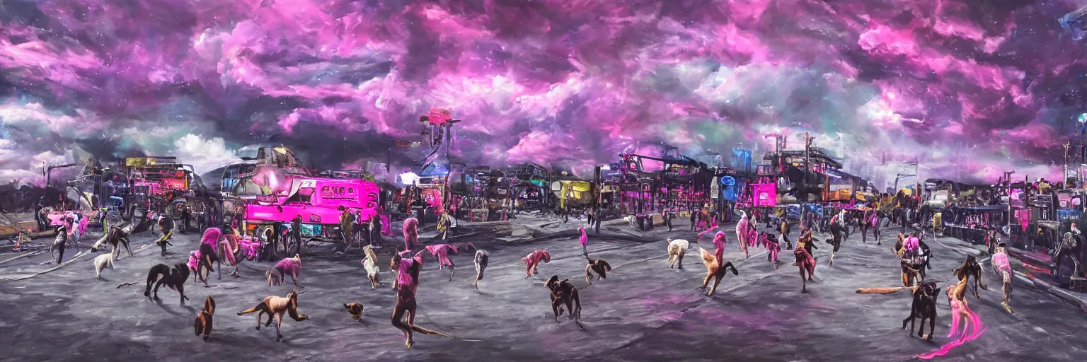 Image similar to oil painting, dog run, pink, ultra detailed, the middle view dog, run, spase dogs and punks running with neon mohawks, space, dark, stars, pirate neon ship with punks on board, neon, rich deep colors masterpiece, contrast, clouds, sky, volumetric light, atmospheric lighting, dramatic, moody, octane render