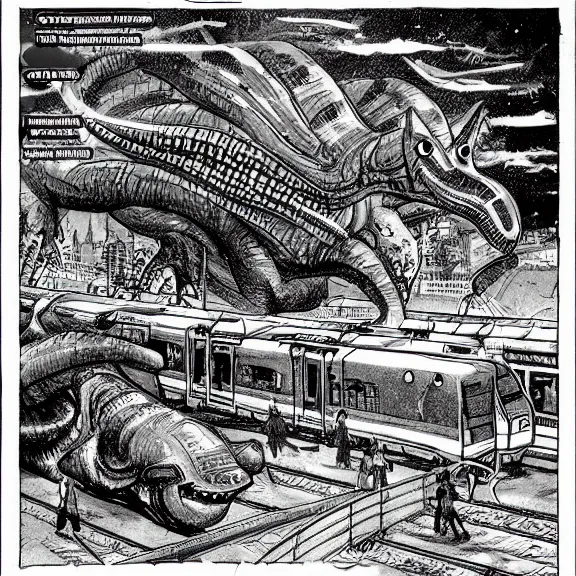 Prompt: Kaiju subway train alien attacking a city