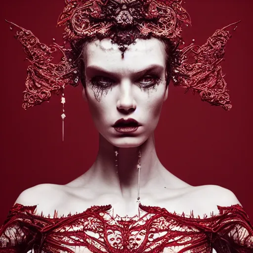 Prompt: a female model by stefan geselle and nekro borja, photorealistic, biomechanical, red lace, intricate details, hyper realistic, ornate headpiece, dark beauty, photorealistic, canon r 3, photography, wide shot, photography, dark beauty, symmetrical features