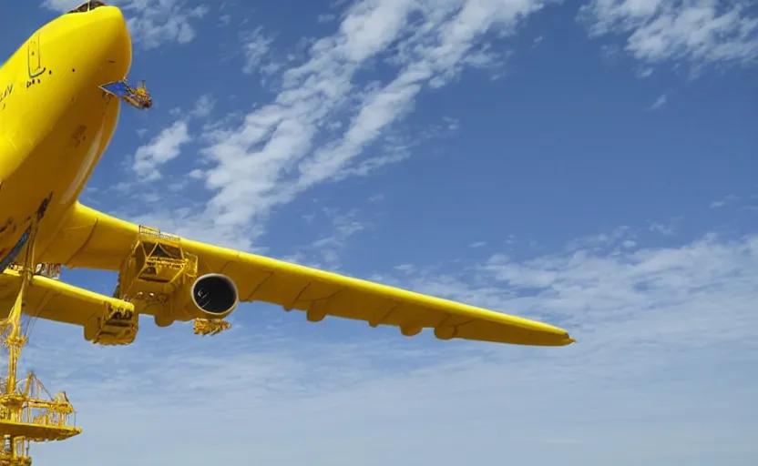 Prompt: an immense flying yellow construction 7 4 7 plane uses a crane to build another airplane in flight, imax