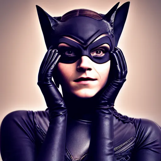 Image similar to Emma Watson as Catwoman, XF IQ4, 150MP, 50mm, f/1.4, ISO 200, 1/160s, natural light, Adobe Lightroom, photolab, Affinity Photo, PhotoDirector 365, filling the frame, rule of thirds, symmetrical balance, depth layering