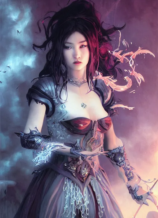 Image similar to breathtaking detailed painting of evil fantasy sorceress, dark castle setting, with anxious, piercing eyes, Atari game cover art by Hsiao-Ron Cheng, James jean, Miho Hirano, Hayao Miyazaki, extremely moody lighting, hyperrealistic, octane render, RPG portrait, ambient light, dynamic lighting