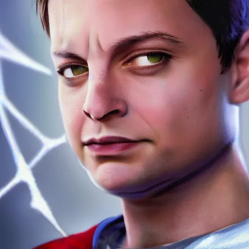 Image similar to hyper realistic Tobey Maguire wearing sam raimi Spider-Man costume 4K