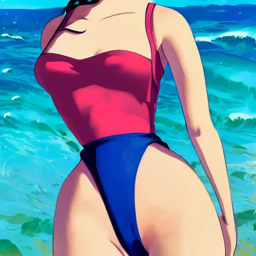 Prompt: portrait of a beautiful girl with dark 1950's style hair dressed in 1950's swimsuit, sunny beach, rich vivid colors, ambient lighting, dynamic lighting, 4k, HQ, official media, anime key visual, makoto shinkai, ilya kuvshinov, lois van baarle, rossdraws, detailed, trending on artstation