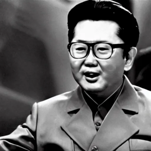 Prompt: a filmstill of Kim Jong-il in Godzilla (1954) by Ishirō Honda