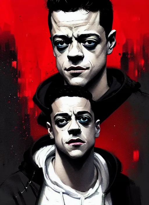 Image similar to highly detailed closeup portrait of rami malek, elliot alderson, black hoody by atey ghailan, by greg rutkowski, by greg tocchini, by james gilleard, by joe fenton, by kaethe butcher, gradient red, black and white color scheme, grunge aesthetic!!! ( ( graffiti tag wall background ) )