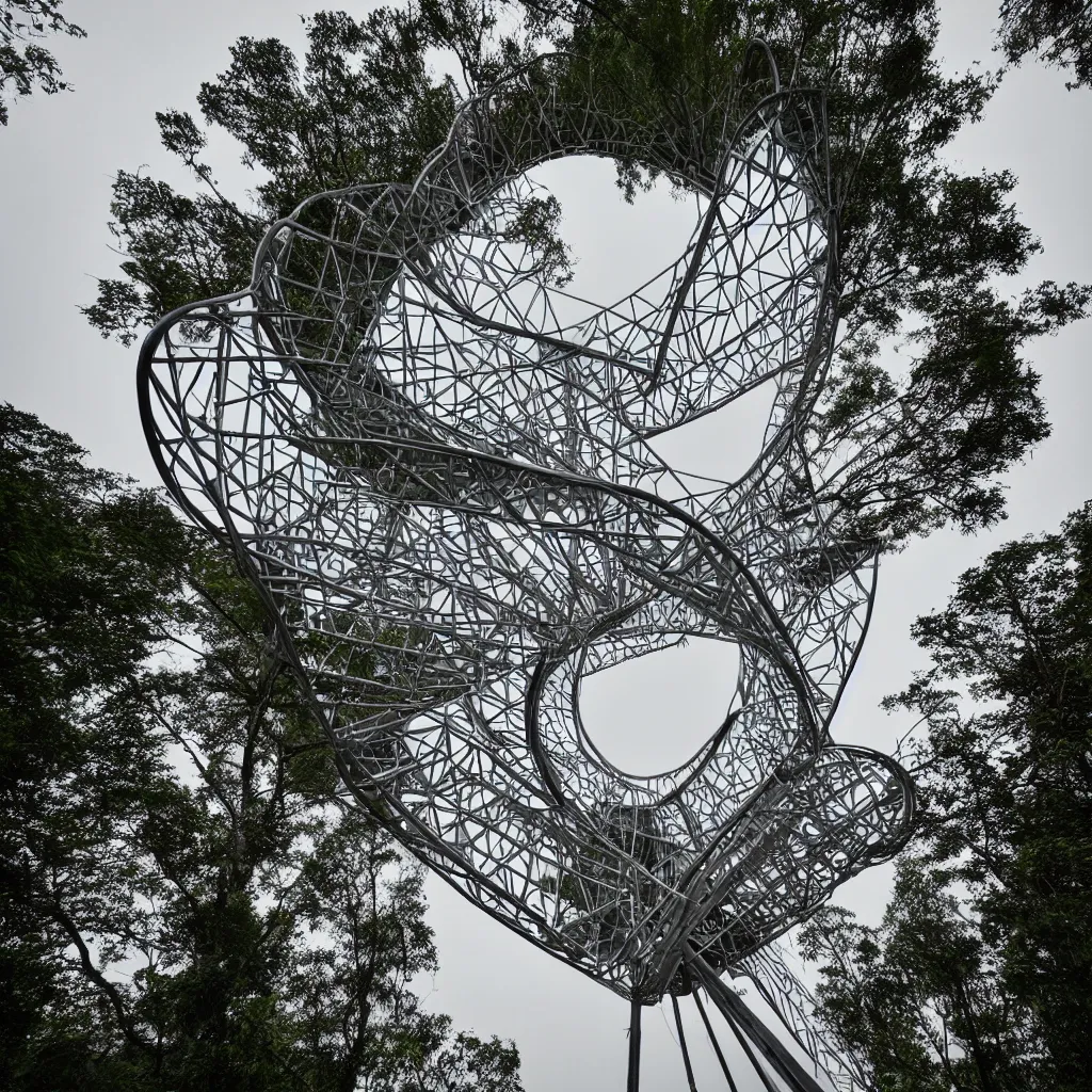 Image similar to hyper realistic, very high helix shaped observation tower made by metal in forest, wide angle shot, future design, extremely realistic, architecture design, parametric architecture, environment, sunset, foggy, cinematography, mega scans, cinematic, hyper realistic, photo real, cinematic composition, highly detailed,