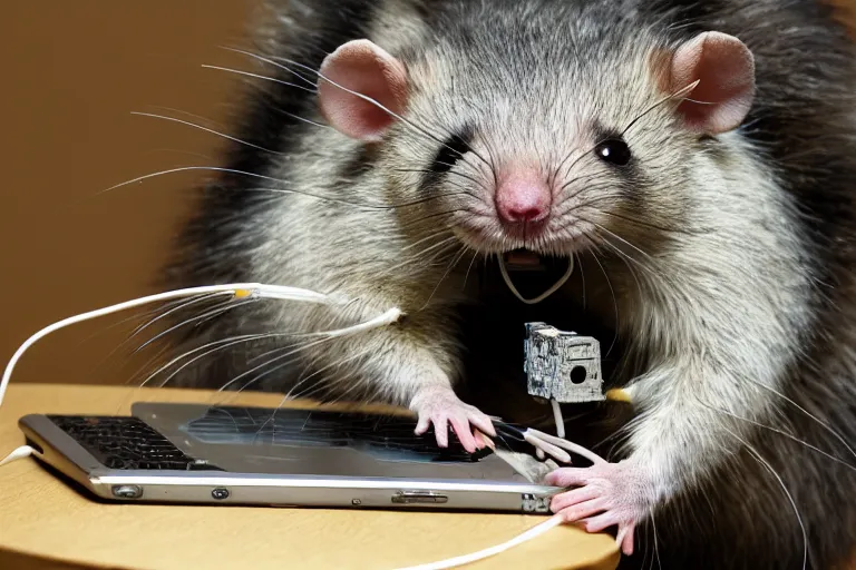 Prompt: photo, furry antropomorphic rat - woman with human face eats thick internet cable! highly detailed, intricate details