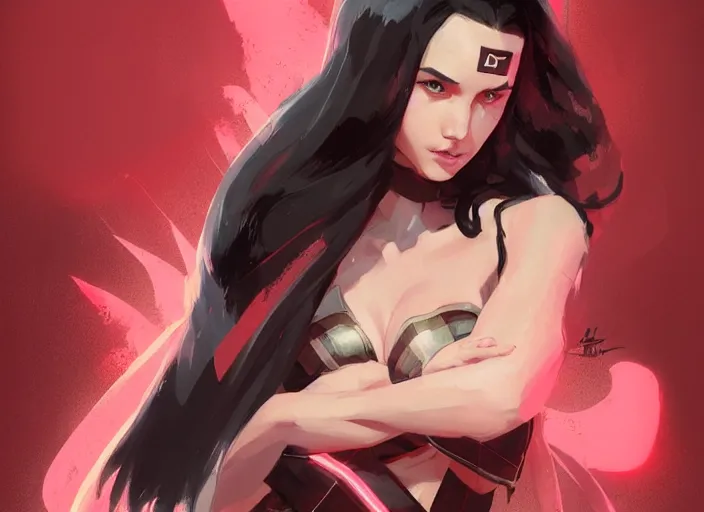 Prompt: model face gal gadot as nezuko from demon slayer ねずこイラスト bamboo by artgem by greg rutkowski trending on artstation