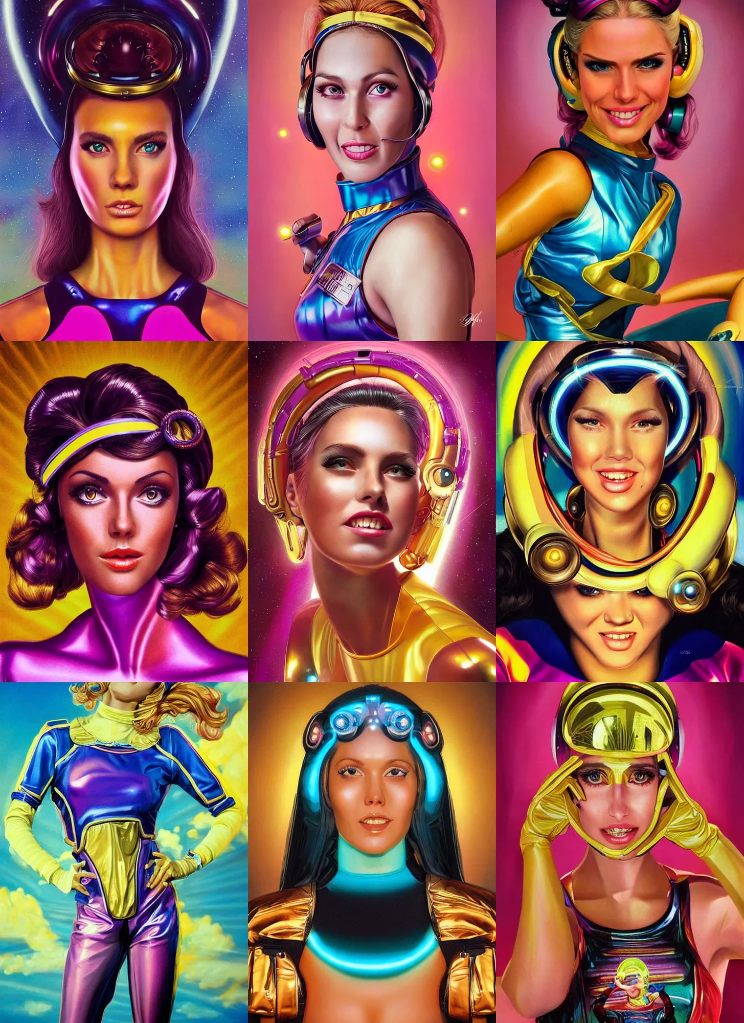 Prompt: gorgeous android woman portrait dressed in an aerobic outfit of the eighties with golden colors and head band, smiling eyes, kissing expression, retro, beautiful lights, vintage look, hyper realistic, illustration, airbrush, 8 k, intricate, duo tone, art by david la chapelle and philip castle, artgerm