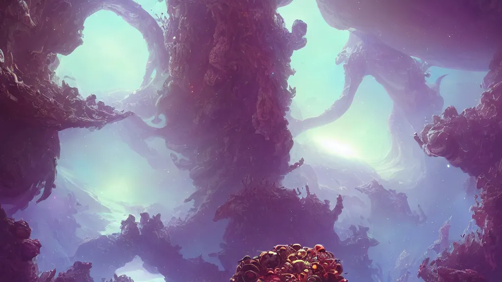 Prompt: Astronauts have a treasure with them, they take over the giant Cthulhu, they are over the ring of the gas planet, this is an extravagant planet with wacky wildlife and some mythical animals, the background is full of nebulas and planets, the ambient is vivid and colorful with a terrifying atmosphere, by Jordan Grimmer digital art, trending on Artstation,