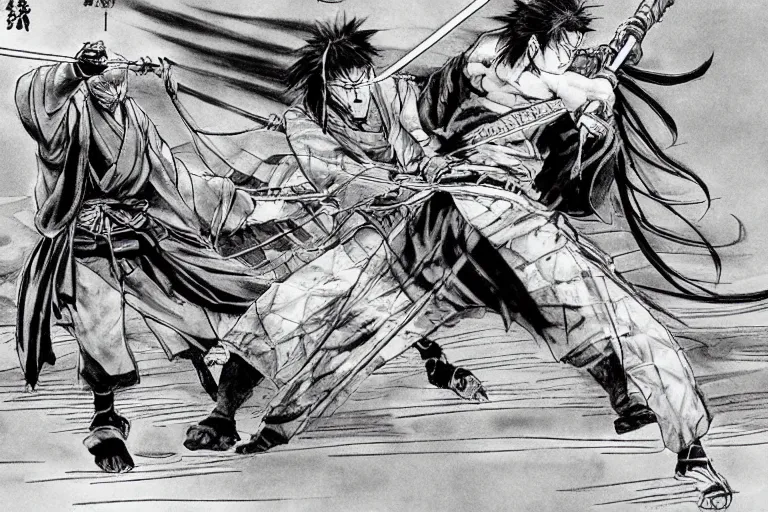 Image similar to epic and cinematographic samurai duel, black and white mange by takehiko inoue and Hiroshi Hirata