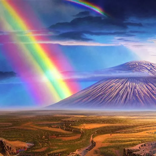 Image similar to a detailed matte painting of noah's ark, double rainbow in a clear blue sky, mount ararat far away in the background, art by artgerm and greg rutkowski and alphonse muchan, cosmic, heavenly, god rays, intricate detail, cinematic, 8 k, cel shaded, unreal engine, featured on artstation, pixiv