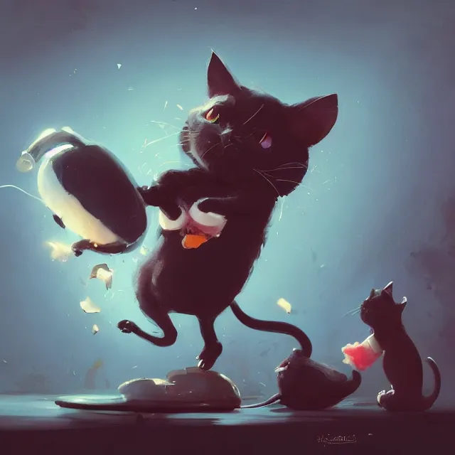 Image similar to a beautiful painting of a cute black cat catching a mouse. disney character design by cory loftis, fenghua zhong, ryohei hase, ismail inceoglu and ruan jia. artstation, volumetric light, detailed, photorealistic, rendered in octane