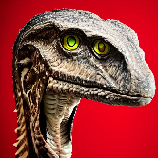 Prompt: head and shoulders of velociraptor in style of Dave Hill Photograph