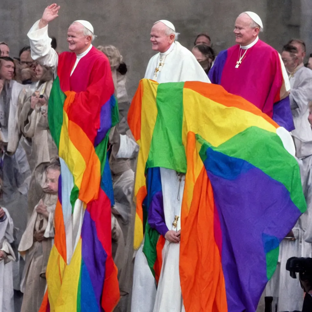 Prompt: John Paul II wearing a lgbt colored robe