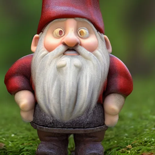 Prompt: gnome looking at a camera and looking very surprised, ultrarealistic