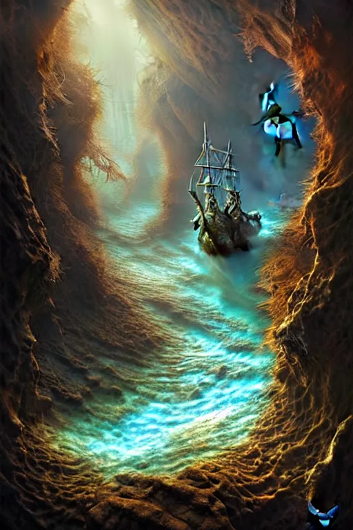 Image similar to a pirateship wreck in a crystal gorge, river running thru the middle, by tomasz alen kopera and Justin Gerard.