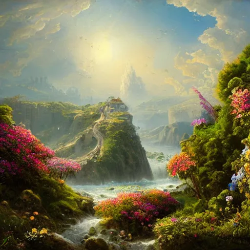 Prompt: the valley of flowers! near the sea! of dreams, ancient towers by quentin mabille