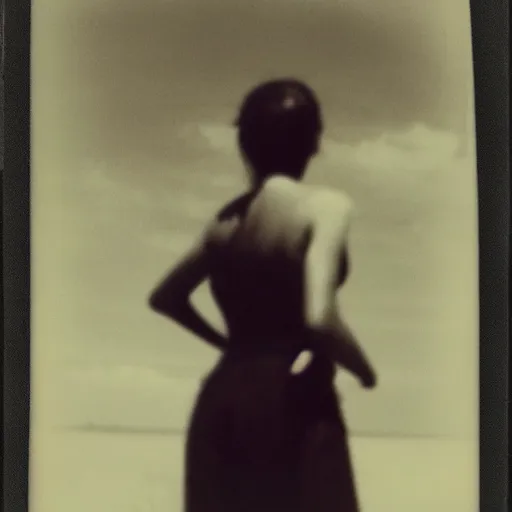 Image similar to an aged polaroid photo of a young woman seen from behind, a nuclear bomb explosion in the horizon, high contrast, film grain, color bleed