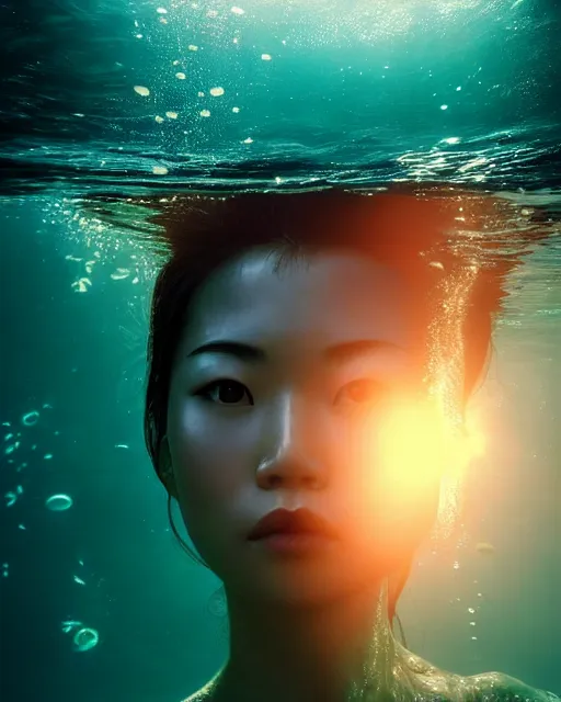 Prompt: portrait of asian woman underwater during sunrise, sunrays, aquaman aesthetic, caustics, rippling water, photoshoot, flowing hair!!, haunting!, iconic, fine-art, masterpiece, cinematic, trending on artstation