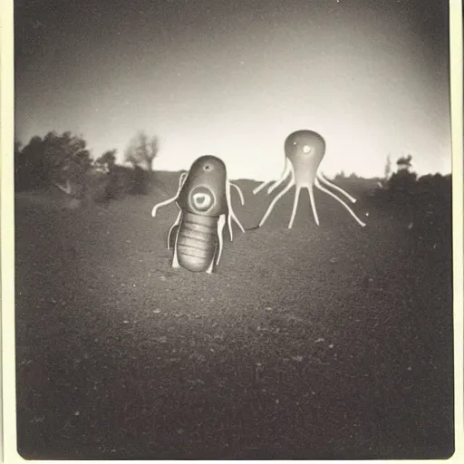 Image similar to polaroid photograph of aliens visiting earth, 1 9 5 0