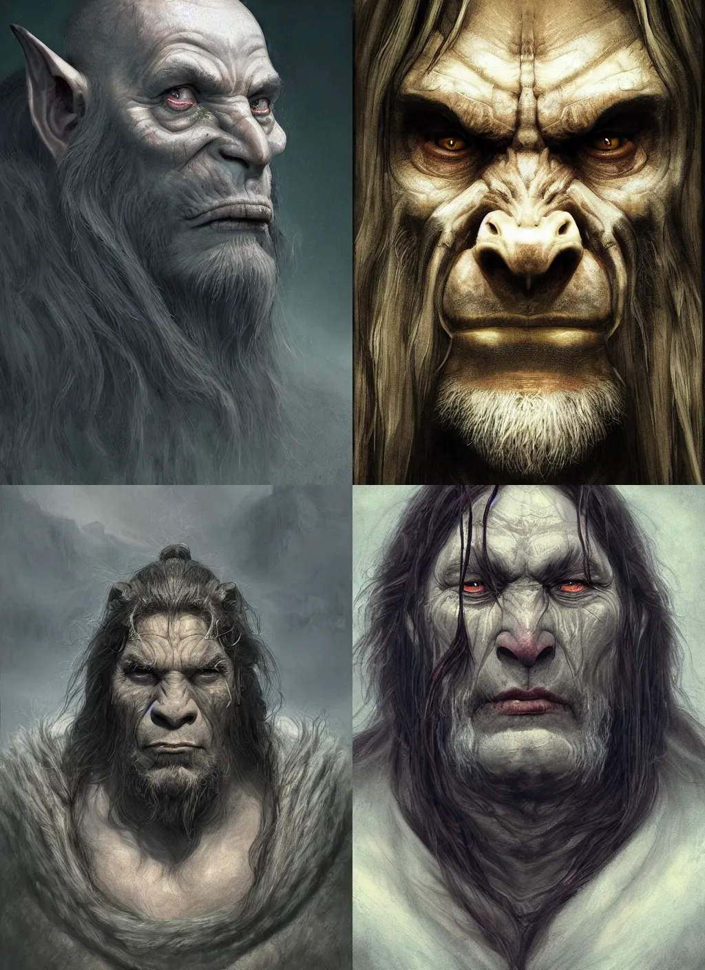 Image similar to portrait of a gentle and wise orc with long hairs in alan lee and marc simonetti and emil melmoth style , cinematic lighting