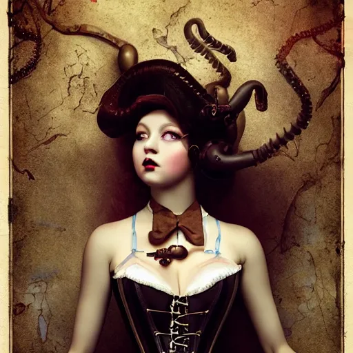 Image similar to photorealistic soft paint of a curiosities carnival, single young beautiful doll in a full steampunk corset, multiples very long tentacles ground, symmetry accurate features, ominous depths, elegance, focus, rainbow lighting, very high details, award winning masterpiece, behance, by tom bagshaw