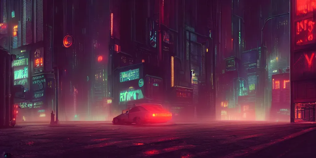 Prompt: highly detailed matte painting of a cyberpunk city street night time, bokeh, science fiction, grungy dystopia, plutocracy, futuristic noir, industrial steam, drones, mechs. environment art by john berkley and edward hopper concept art, volumetric - lighting - style atmosphere