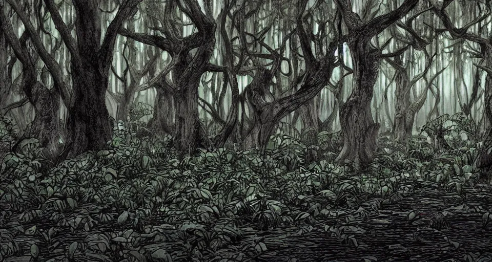 Image similar to A dense and dark enchanted forest with a swamp, from Berserk