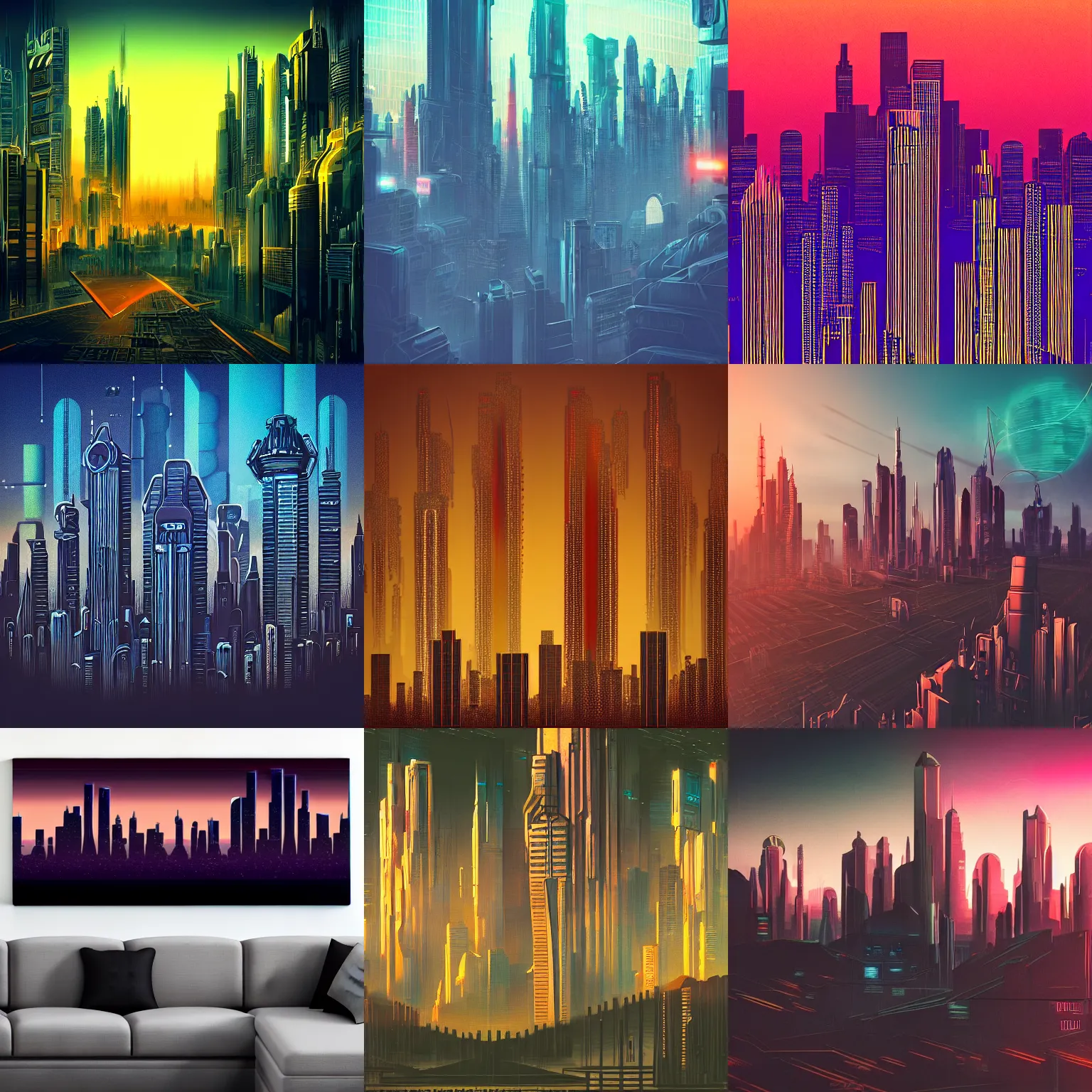 Prompt: detailed photo of a beautiful sci-fi cyberpunk Art Deco skyline at dusk, romantic light