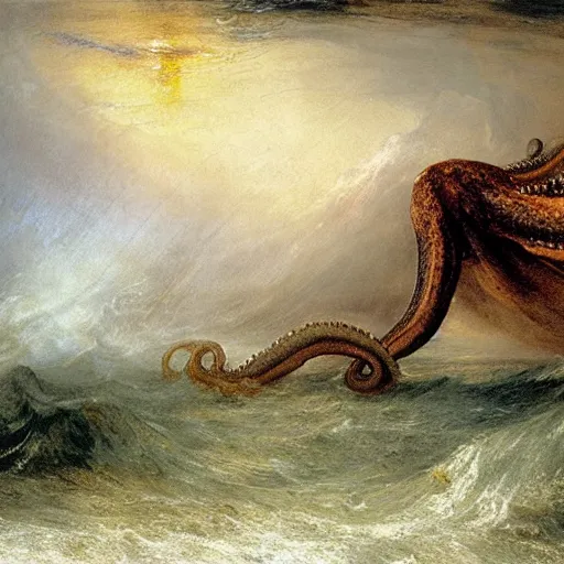 Prompt: giant octopus with tentacles under the rain on a stormy ocean, by jmw turner