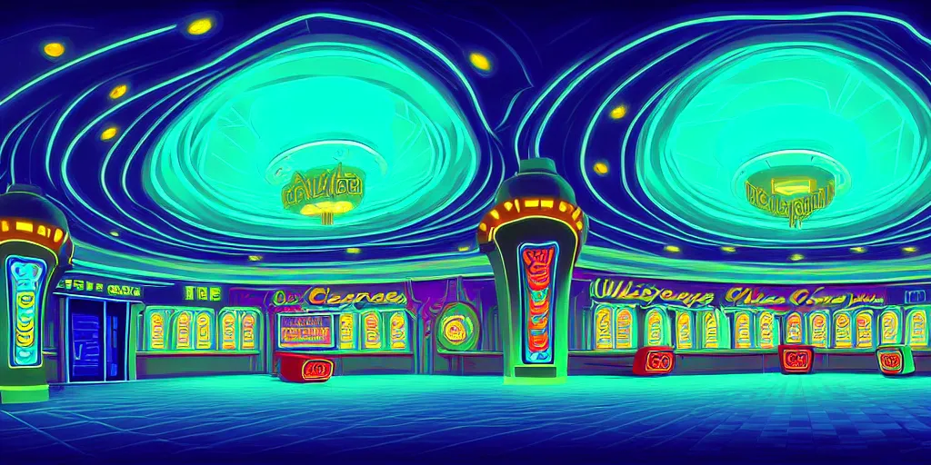 Image similar to curled perspective digital art of curly indoor casino with a stage pale colors by anton fadeev from nightmare before christmas