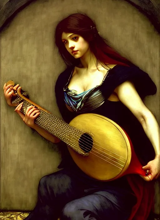 Image similar to bard playing lute, full body, hyper realistic, extremely detailed, dnd character art portrait, dark fantasy art, intricate fantasy painting, dramatic lighting, vivid colors, deviantart, artstation, by edgar maxence and caravaggio and michael whelan and delacroix.