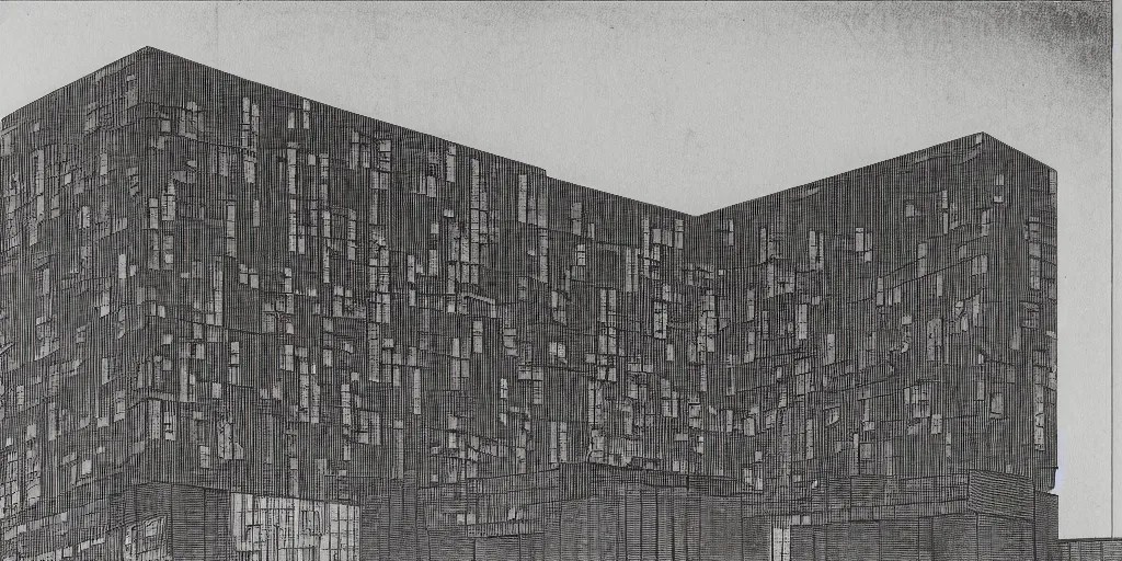 Image similar to brutalist building facing. yugoslavia, le corbusier, central symmetry, highly detailed, golden ratio, black and white color scheme, etching render