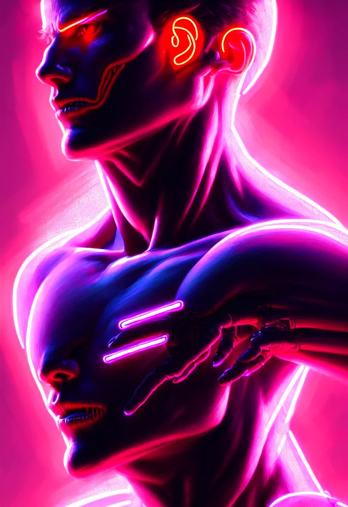 Image similar to portrait of male humanoid, intricate, perfect anatomy, neon lighting, highly detailed, digital photography, artstation, stylish pose, concept art, smooth, sharp focus, illustration, art by artgerm and greg rutkowski