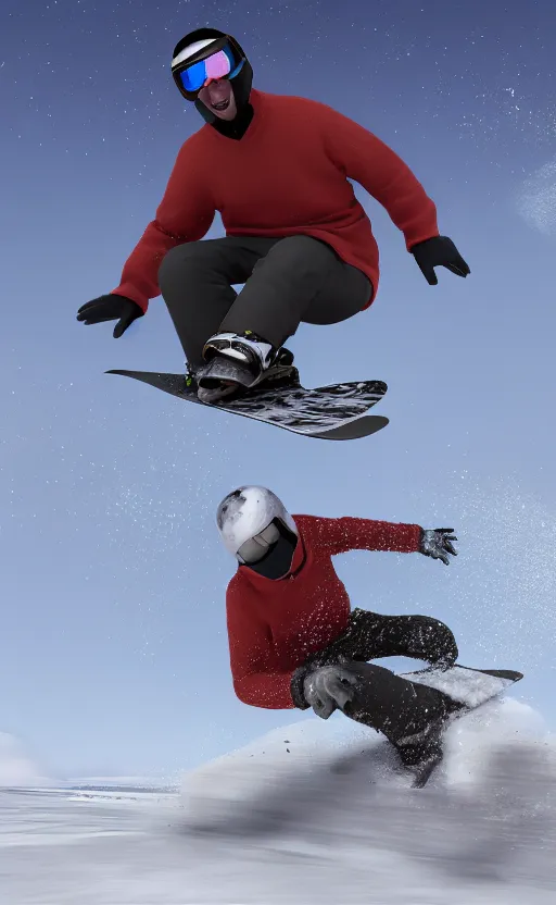 Image similar to Rodney Dangerfield snowboarding, high details, 4k, 8k, trending on artstation