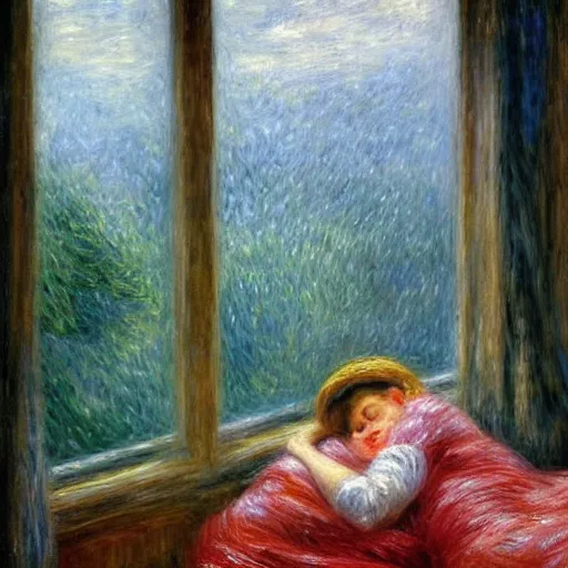 Image similar to on a rainy day, someone in home sits in bed, curled up under the covers, watching the rain outside the window, cinematic, artstation, extremely detailed, intricate, cinematic lighting, art by pierre - auguste renoir, gustave caillebotte