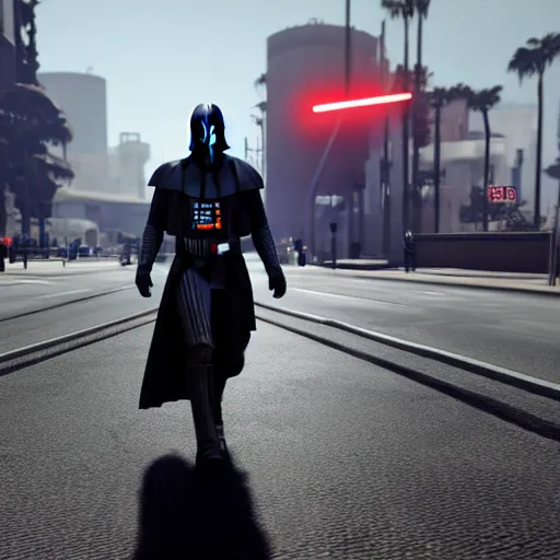 Prompt: in-game screenshot of Darth Vader in GTA V, 3d render, Unreal Engine, octane render, ray tracing, Unity, highly detailed, high quality, HD, 4k, 8k, realistic, sharp, trending