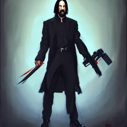 Image similar to greg manchess portrait painting of john wick as overwatch character, medium shot, asymmetrical, profile picture, organic painting, sunny day, matte painting, bold shapes, hard edges, street art, trending on artstation, by huang guangjian, gil elvgren, ruan jia, greg rutkowski, gaston bussiere