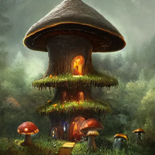 Prompt: mushroom elf house, realistic, 8 k, extremely detailed, cgi, trending on artstation, hyper - realistic render, by greg rutkowski