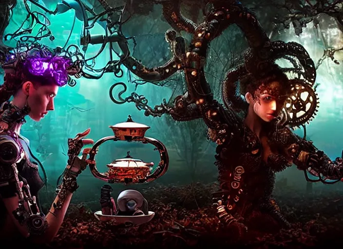 Prompt: silhouette of an intricate mechanical fairy with visible gears having tea with a cyborg gorgon medusa in a magical forest. Very detailed 8k. Fantasy cyberpunk horror. Sharp. Cinematic post-processing