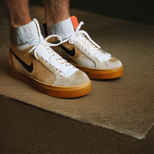 Image similar to a studio photoshoot of Nike sneakers designed by Tom Sachs, light brown suede with knitted material, gum rubber outsole, realistic, color film photography by Tlyer Mitchell, 35 mm, graflex