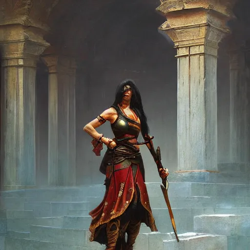 Prompt: a beautiful painting of a female warrior raiding an evil cult temple by jean - leon gerome and greg rutkowski, trending on artstation