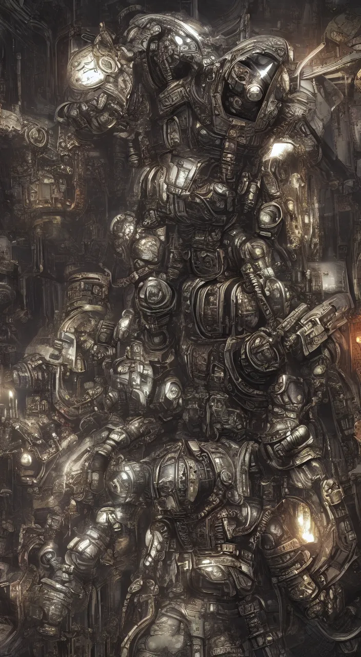 Image similar to hyperdetailed baroque, warhammer 40k, Space Marine Primarch Standing in Light Shaft, walls embedded with circuitry and wires, smoke from vents in walls, plugs, hoses, ventilation, night scene, hyperrealism, octane render, defuse light, high detail, 8k, photo realistic , hr giger, establishing