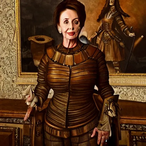 Image similar to painting of nancy pelosi standing in front of 1 6 th century backdrop. she looks like vigo the carpathian wearing armor. patina on armor. she ominously stares forward. hand on hip, arm resting on large stone. sepia toned. dramatic lighting. painting by lou police for ghostbusters 2.